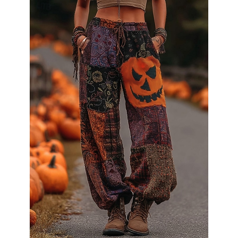 Women's Wide Leg Pants Trousers Vintage Casual Full Length Mid Waist Pumpkin Drawstring Elastic Waist Print Comfy Breathability Micro-elastic Outdoor Vacation Street Purple Summer Spring Fall Winter