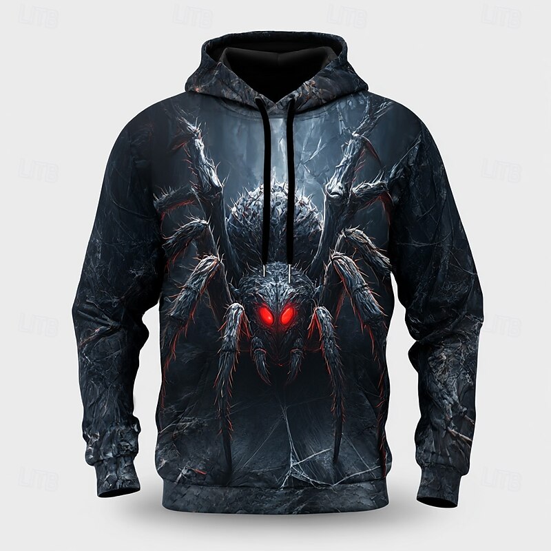 Halloween Men's Spider 3D Hoodie Sweatshirt Punk Exaggerated Crew Neck Club Streetwear Black 1 Black Drawstring Fall Winter Designer