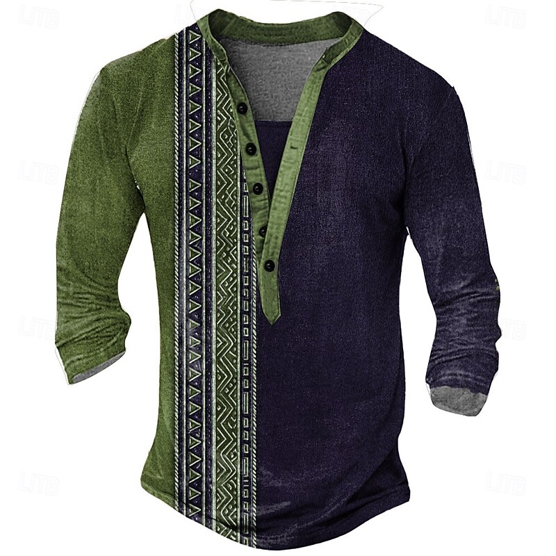 Men's Geometric Ethnic T Shirt Henley Shirt Long Sleeve Designer Retro Vintage Ethnic Street Casual Daily Summer Spring Fall Brown Green Blue khaki Henley Henley T-Shirt2