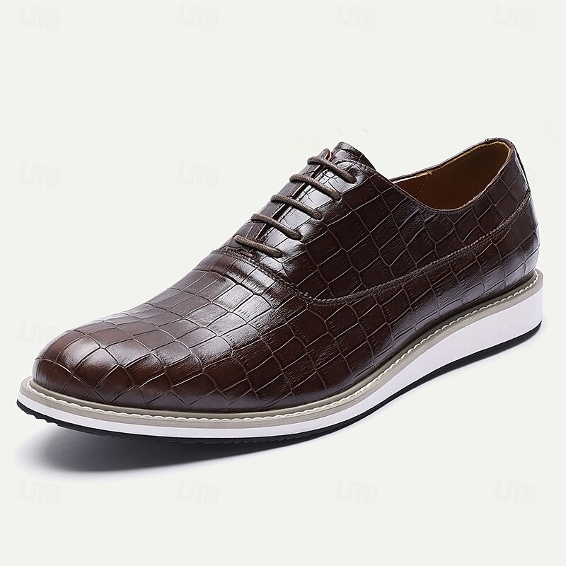 Men's Brown Crocodile Pattern Dress Shoes – Genuine Leather Lace-Up Oxfords, Luxury Formal Business Shoes for Weddings, Banquets and Evening Parties2