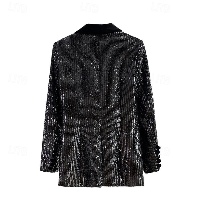 Women's Blazer Sport Coat Formal Wedding Guest Evening Party Sequin Elegant Sparkle Long Sleeve Peak Lapel Double Breasted3