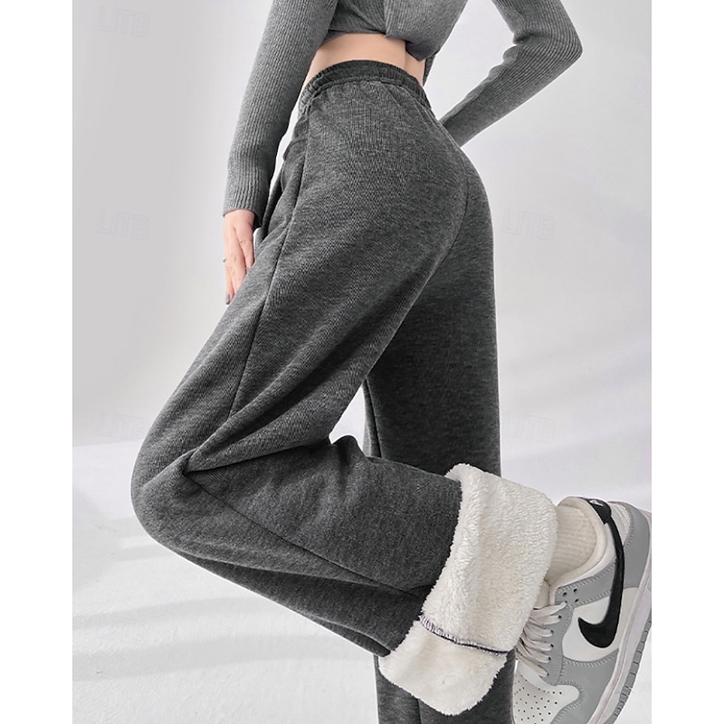 Women's Culottes Wide Leg Chinos Casual Full Length Mid Waist Plain Pocket Elastic Drawstring Design Thermal Warm Stretchy Vacation Street Holiday Dark-Gray Apricot Black Winter Loose Fit4