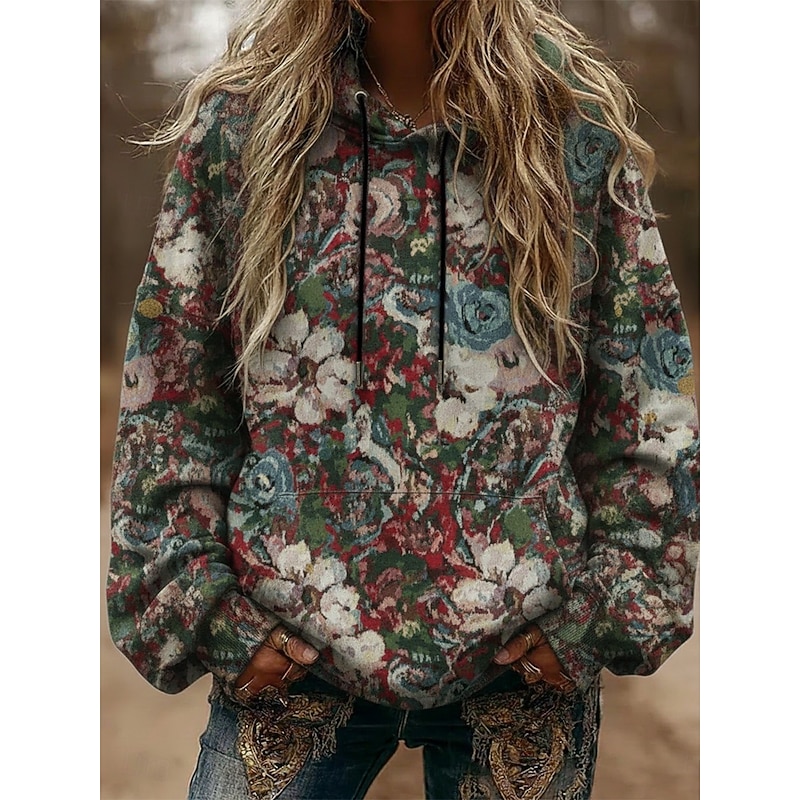 Women's Pullover Hoodies Floral Vintage Streetwear Casual Long Sleeve Hooded Regular Tops Dailywear Casual Sports Drawstring Pocket Print Green Spring Fall