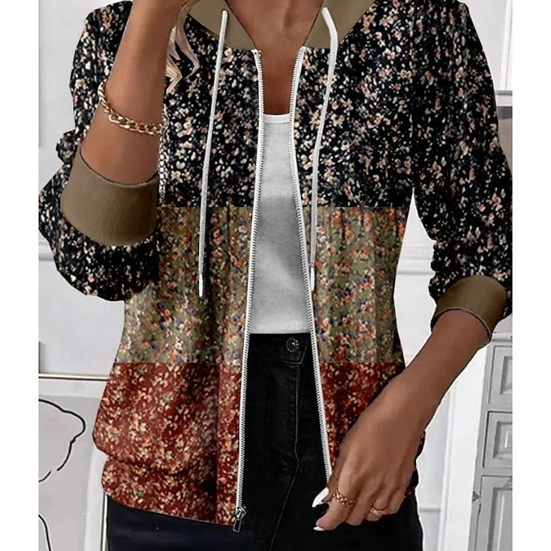 Women's Zip Up Hoodies Floral Punk Active Vintage Long Sleeve Hooded Regular Tops Home Dailywear Casual Patchwork Brown Spring Fall Winter2