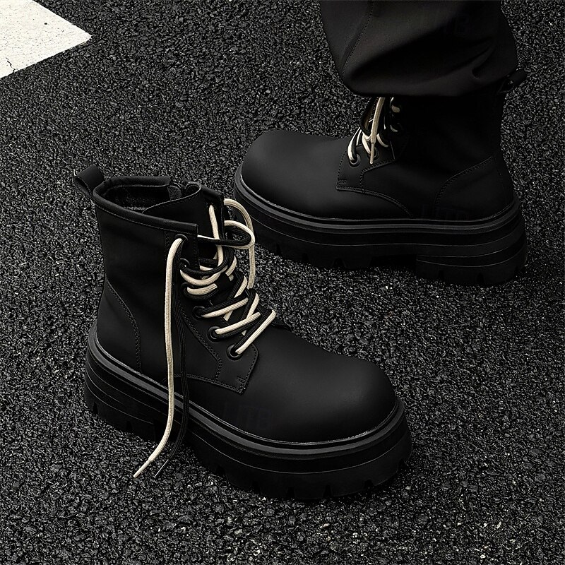 Men's Black Heavy-Duty Lace-Up Combat Boots with Thick Lug Sole, Waterproof Faux Leather, Military Outdoor Style for Work, Hiking and Fashion Wear3