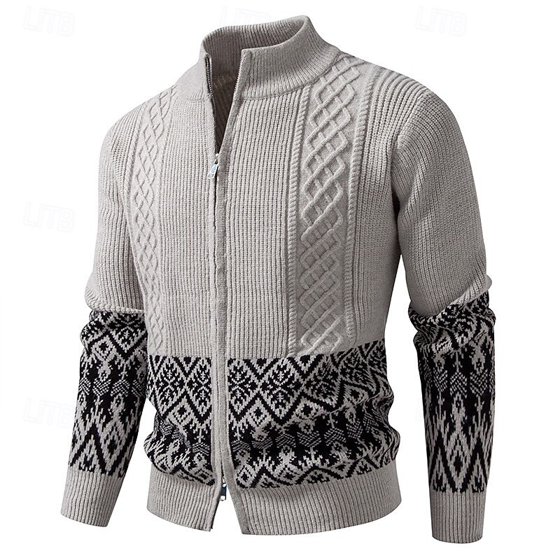 Men's Sweater Cardigan Sweater Fair Isle Sweater Ribbed Cable Knit Regular Tops Patchwork Color Block Plain Stand Collar Vacation Fashion Casual Daily Wear Clothing Apparel Spring &  Fall Black Green2
