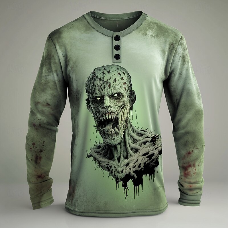 Men's Halloween Zombies Henley Shirt Long Sleeve Fashion Cute Daily Halloween Casual Holiday Fall Spring &  Fall Green Henley Henley T-Shirt
