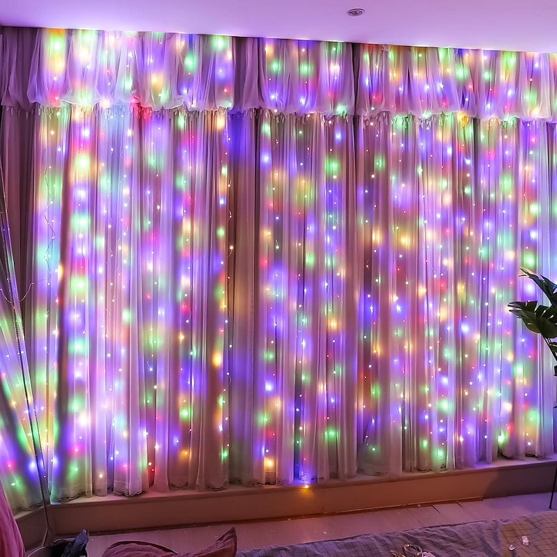 1pc Curtain Light 300 LEDs Window String Light Christmas Wedding Party Decorations, Warm White2