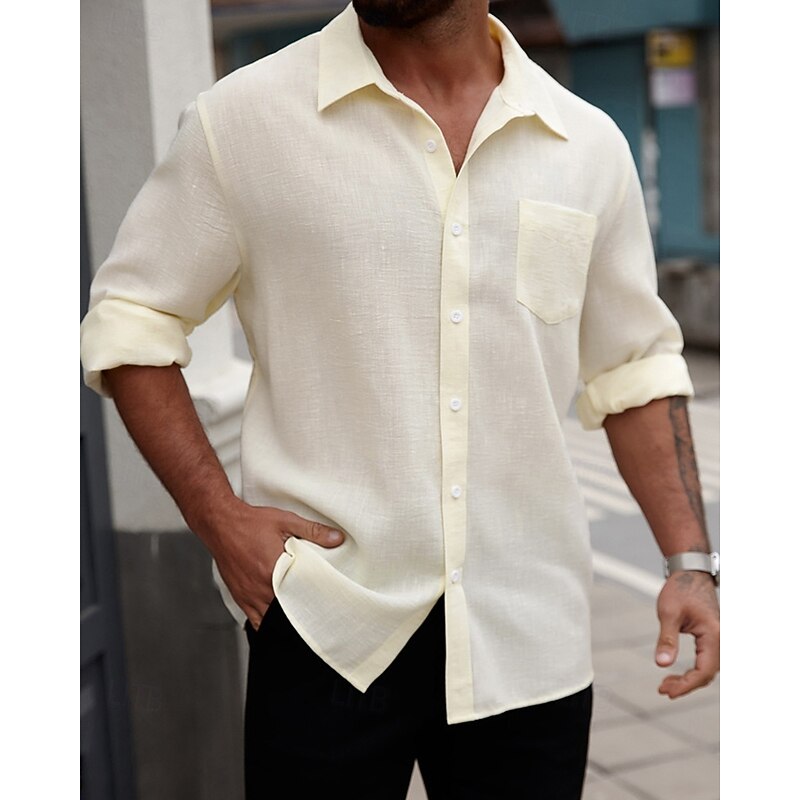 Men's Shirt Summer Shirt Casual Shirt Beach Shirt Button Up Shirt Light Yellow Long Sleeve Plain Lapel Vacation Hawaiian Pocket Clothing Apparel Polyester Fashion Casual Comfortable3