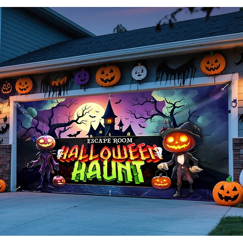 Halloween Garage Door Cover Haunted Castle Pumpkin Man Bare Trees HALLOWEEN HAUNT Banner Large Outdoor Backdrop with Grommets Yard Front Porch Wall Decorations