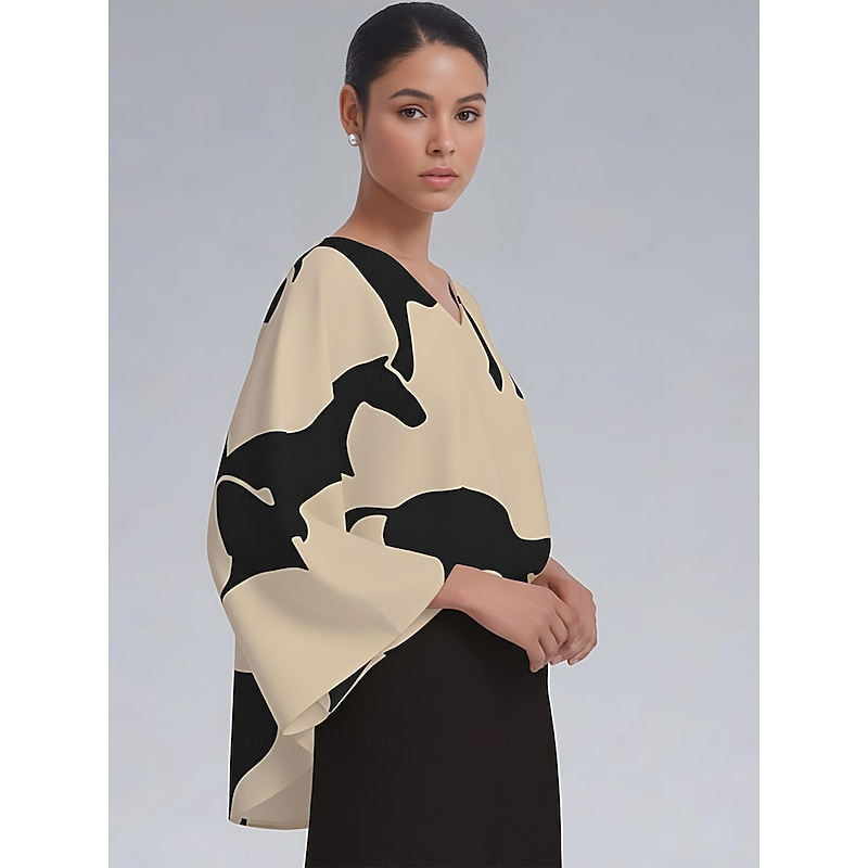 Women's Blouse Satin Abstract Color Block Loose Dolman Sleeve V Neck Pullover Casual Elegant Spring Summer Fall2