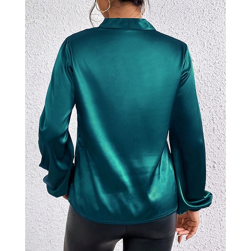 Women's Shirt Elegant Dressy Satin Solid Color Elegant Stylish Basic Long Sleeve V Neck Regular Tops Daily Going out Green Spring Fall3
