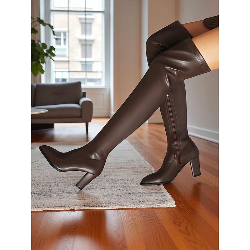 Women's Brown Faux Leather Over the Knee Fashion Boots – High Heel Pointed Toe Thigh High Shoes, Elegant Style for Parties, Cosplay and Street Fashion3
