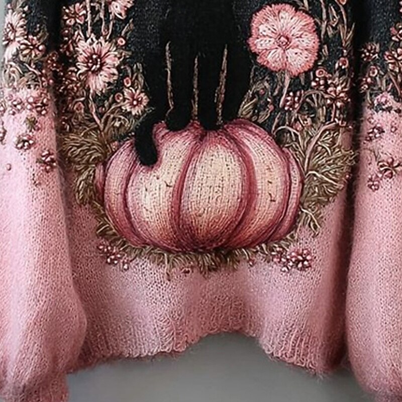 Women's Sweater Pullover Daily Casual Floral Animal Ribbed Crew Neck Knitted Print Long Sleeve Regular Tops Knit Outdoor Weekend Pink Fall Winter4