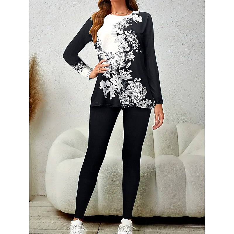 Women's Elegant Vacation Fashion T Shirt Pants Sets Long Sleeve Crew Neck Round Neck Floral Graphic Print Casual Daily Casual Daily Black Spring Regular Fit2