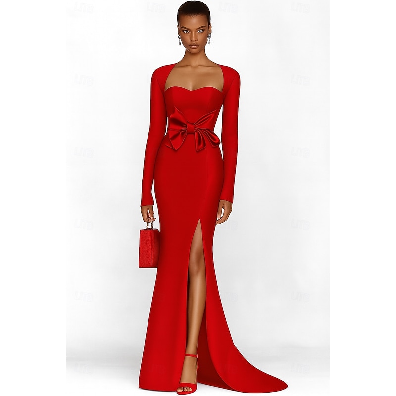 Mermaid / Trumpet Evening Gown Elegant Formal Dress Formal Wedding Floor Length Long Sleeve Square Neck Stretch Crepe with Bow(s) 20254
