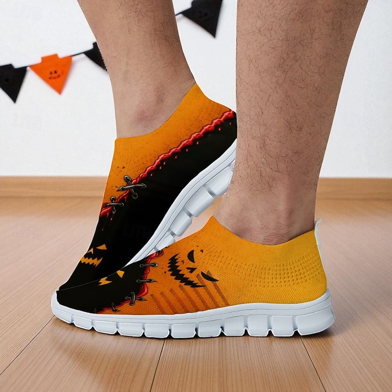 Men's Halloween Pumpkin Face Sneakers – Lightweight Breathable Slip-On Running Shoes for Party and Casual Wear