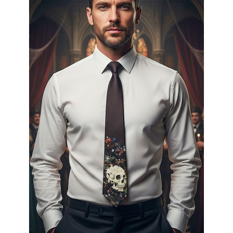 Men's Halloween Novelty Necktie with Skull, Pumpkin and Cat Prints – Fun Party Costume Dress Tie for Festivals and Cosplay