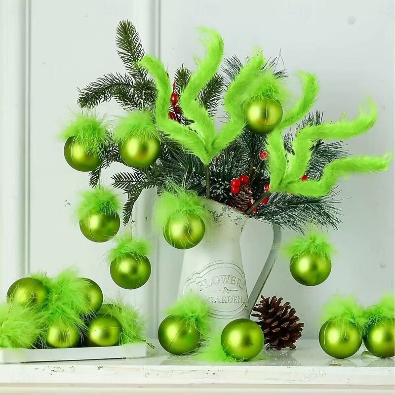 6/12pcs Christmas Tree Ornaments with Green Monster Furry Hair, Funny Holiday Hanging Baubles for Xmas Party, Home Decoration, Kids Gift Set3