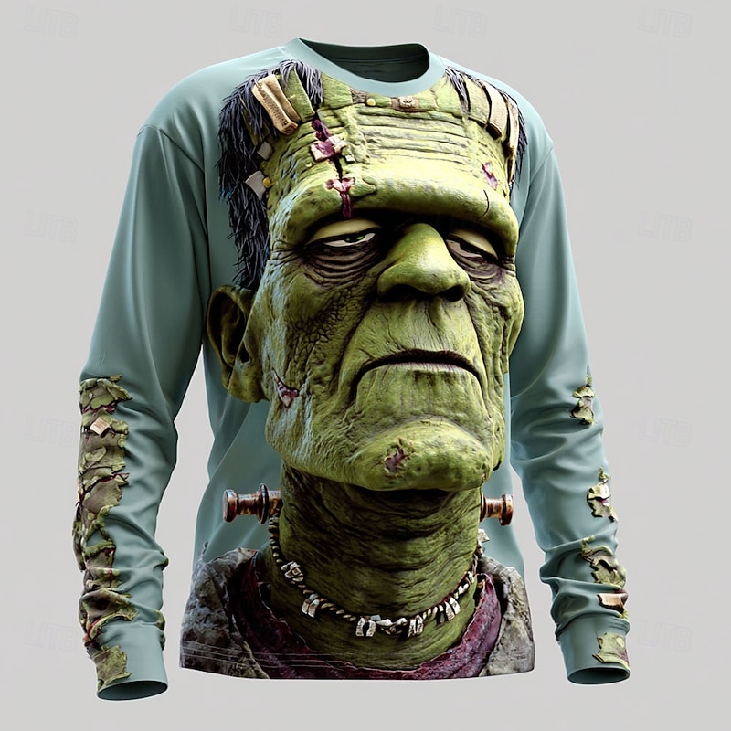Halloween Men's Zombies 3D T Shirt Long Sleeve T shirt 3D Print Crew Neck Shirt Fashion Exaggerated Street Casual Daily Green 1# Green 2# Green 3# Summer Spring Fall Clothing Apparel S M L XL XXL XXXL
