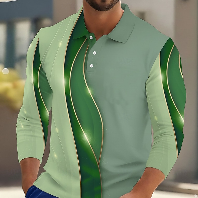 Men's Abstract Geometic Polo Long Sleeve Polo Shirts Lapel Casual Outdoor Athleisure Daily Wear 3D Print Buttons Spring Fall Winter Blue Brown Green3