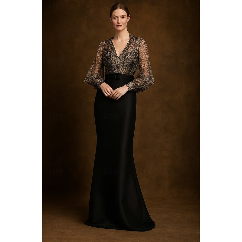 Leopard Print Shirt Evening Gown Mermaid / Trumpet Sheath / Column Gown Elegant Formal Dress Formal Wedding Floor Length Long Sleeve V Neck Pink Dress Satin with Belt 2025