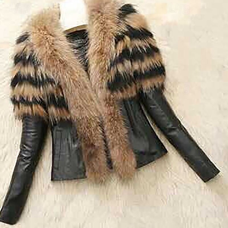 Women's Faux Leather Jacket Warm Comfortable Pocket Fashion Casual Stripe Vacation Street Casual Daily Wear Short V Neck Regular Fit Long Sleeve Outerwear Black And White Black Brown Fall Winter