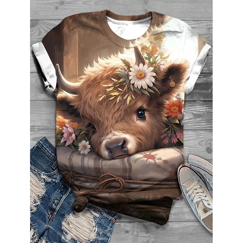 Women's T Shirt Graphic Animal Cow Vintage Stylish Classic Short Sleeve Crew Neck Regular Tops Daily Weekend Print Pink Light Brown Blue Brown Gray Spring Fall Winter2