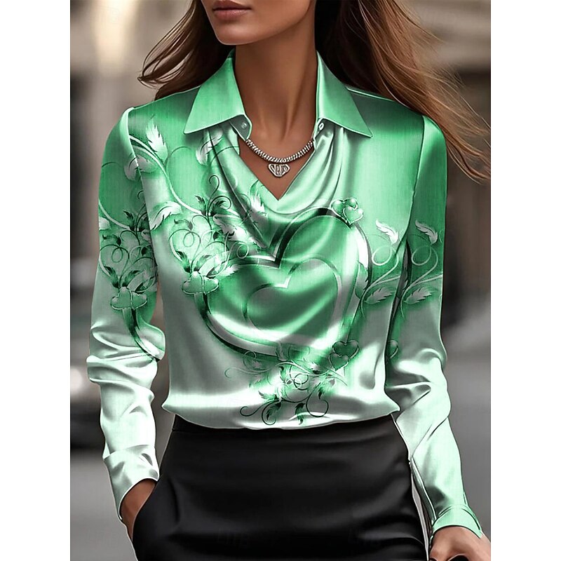 Valentine's Day Women's Shirt Dressy Tops Formal Work Shirt Heart Floral Graphic Elegant Stylish Long Sleeve Cowl Neck Regular Tops Party Evening Wear Daily Ruched Draped Pink Blue Purple Green Fall2