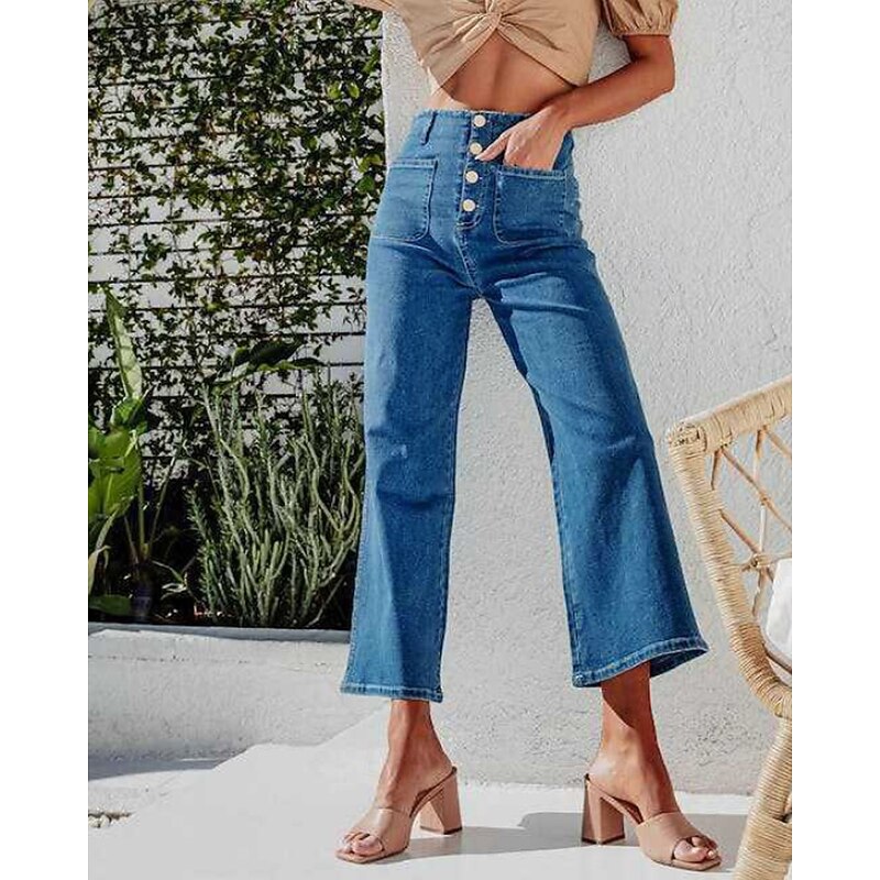 Women's Jeans Chinos Straight Streetwear Casual Full Length Medium Waist Plain Pocket Elastic Waist Comfortable Micro-elastic Outdoor Vacation Daily Black Blue Light Blue Fall Winter Regular Fit2