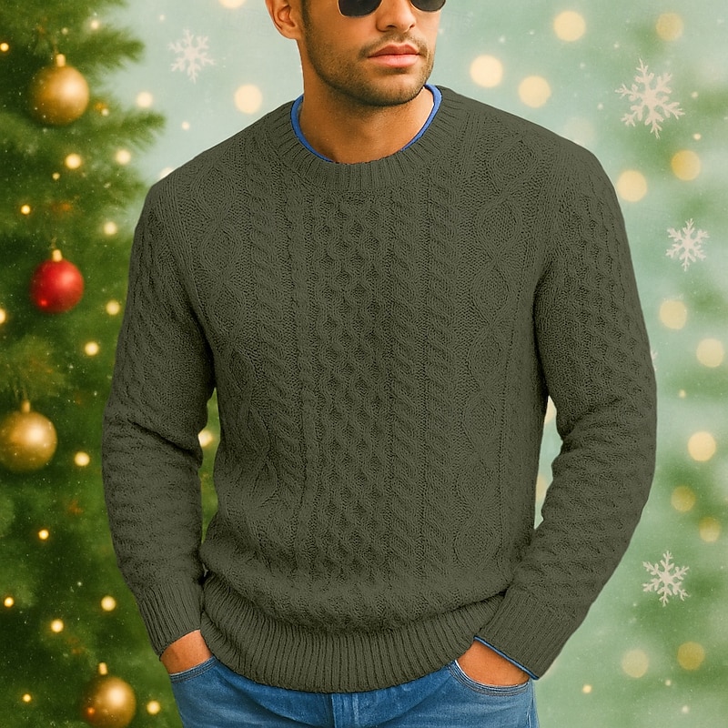 Men's Sweater Pullover Sweater Jumper Cable Knit Regular Tops Knitted Slim Fit Plain Crewneck Christmas Knitwear Christmas Casual Clothing Apparel Fall Winter Black Pink M L XL2