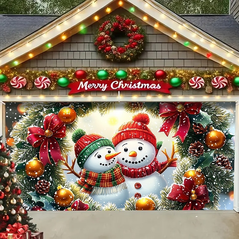 Christmas Outdoor Garage Door Cover Snowman Brothers Santa Hat Christmas Wreath Christmas Tree Large Tapestry Backdrop Holiday Party Wall Decoration For Outdoor Garage Door Home Festival Celebration D