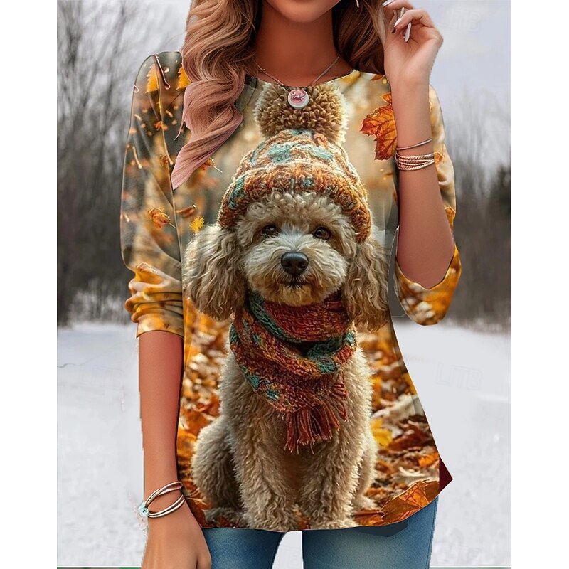 Easter Women's T Shirt Graphic Animal Cat Vintage Stylish Classic Long Sleeve Crew Neck Round Neck Regular Tops Daily Print Light Brown Orange Green Summer Spring Fall