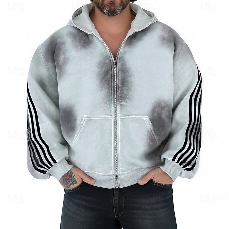 Men's Hoodie Full Zip Hoodie Gray Hooded Stripes Pocket Sports & Outdoor Daily Holiday Polyester Streetwear Basic Casual Spring Fall Clothing Apparel Hoodies Sweatshirts