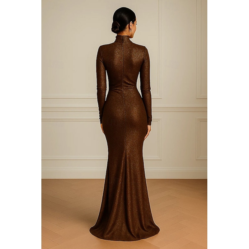 Mermaid / Trumpet Metallic Lurex Fabric Evening Gown Elegant Formal Dress Formal Wedding Sweep / Brush Train Long Sleeve High Neck Jersey with Glitter Ruched 20252