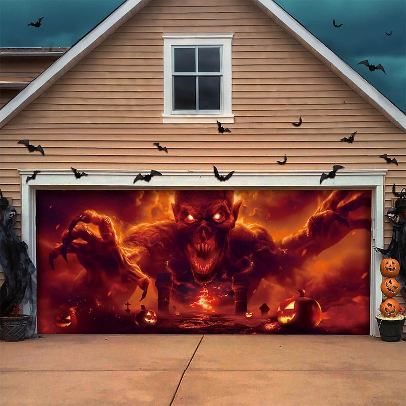 Halloween Garage Door Cover Large Hanging Backdrop Ghost Flame 3D Dark Punk Gothic Style Party Outdoor Shooting Backgrounds Yard Haunted House Home Decor