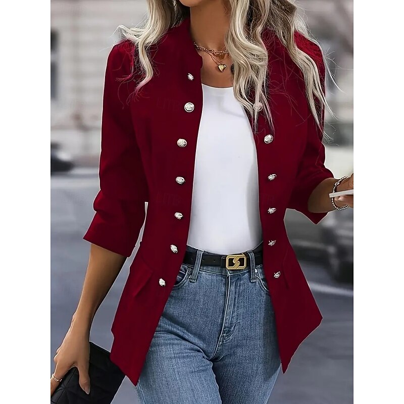 Women's Blazer Comfortable Breathable Pocket Buttons Casual Plain Office Street Casual Daily Wear Single Breasted Regular Stand Collar Regular Fit Long Sleeve Outerwear Black White Wine Spring Fall4