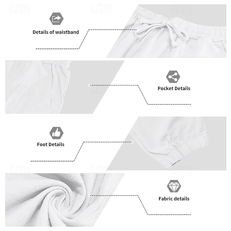 Men's Linen Pants Trousers Summer Pants Beach Pants Drawstring Pocket Elastic Waist Plain Comfort Breathable Vacation Daily Holiday Hawaiian Boho White4