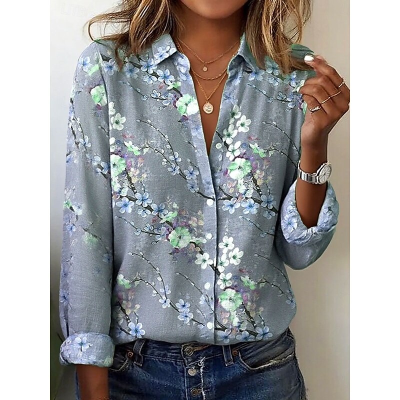 Easter Women's Shirt Floral Graphic Elegant Bohemia Vintage Long Sleeve Shirt Collar Regular Tops Work Daily Buttons Print Yellow Blue Green Spring Fall Winter3