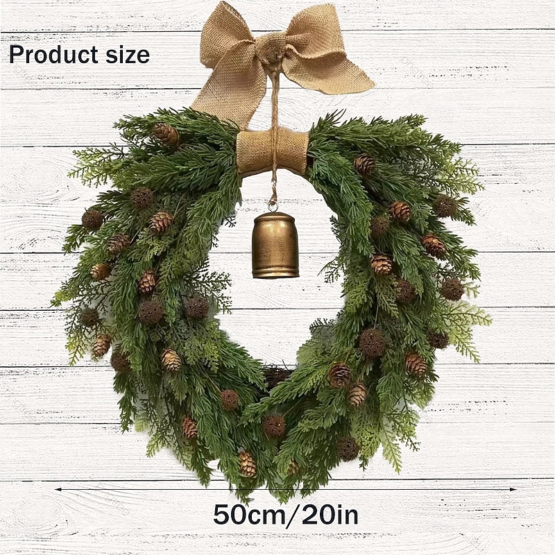 Christmas Pinecone and Bell Wreath, Heart-Shaped Burlap Bow, Vine Hoop Home Hanging Decor, Holiday Door Ornament, Festive Christmas Decoration4