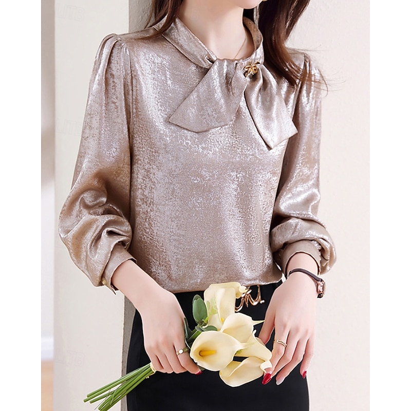 Women's Shirt Elegant Dressy Satin Plain Elegant Stylish Long Sleeve Crew Neck Regular Tops Holiday Going out Bow Champagne Spring Fall