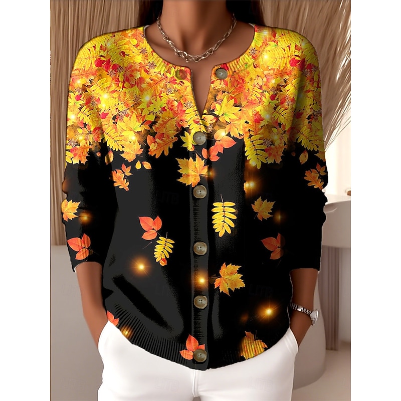 Women's Cardigan Fashion Daily Casual Floral Graphic Ribbed Crew Neck V Neck Buttons Print Long Sleeve Regular Tops Knit Outdoor Daily Date Yellow Spring Fall