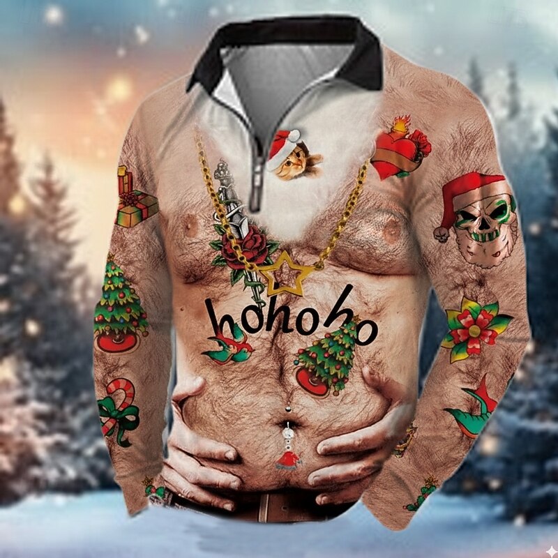 Christmas Men's Christmas Tree Novelty Polo Long Sleeve Turndown Modern Casual Athleisure Casual Daily Festival Zipper 3D Print Spring Fall Winter Cuticolor