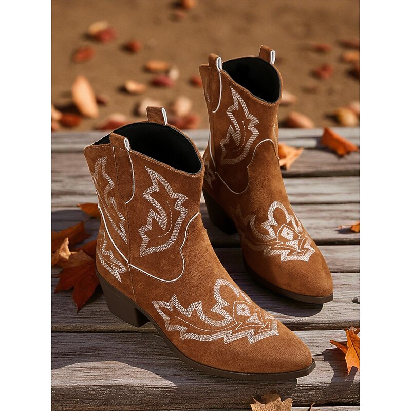 Women's Suede Western Cowboy Ankle Boots with Embroidered Design and Low Block Heel - Vintage Country Style Footwear for Ladies, Perfect for Festivals, Rodeo, Outdoor & Casual Wear2