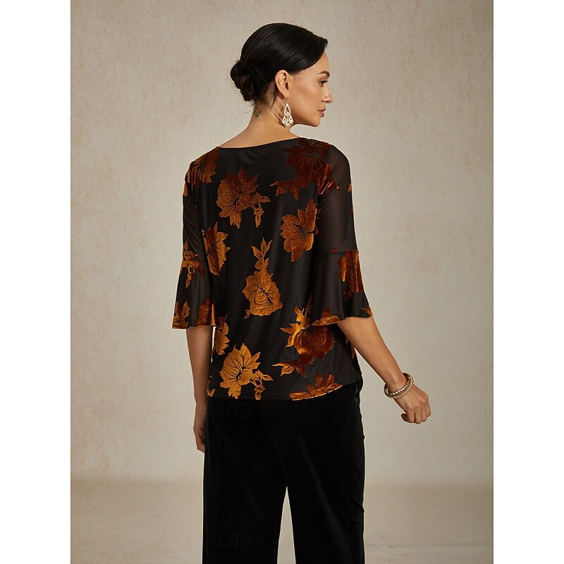 Women's Blouse Dressy Tops Velvet Floral Elegant Stylish Casual Crew Neck Regular Tops Wedding Guest Daily Brown Fall Winter2