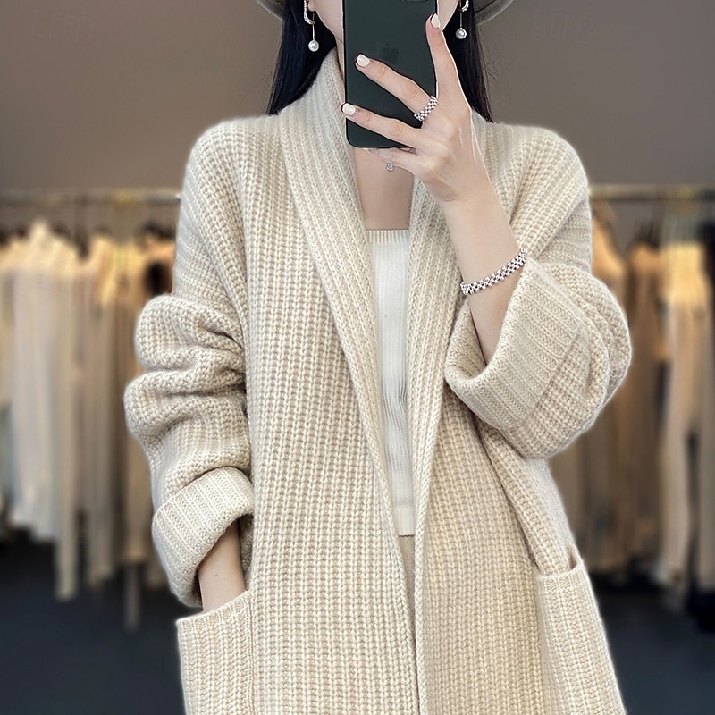 Women's Sweater Cardigan Streetwear Casual Solid Color Shirt Collar Pocket Knitted Long Sleeve Long Tops Knit Holiday Going out Weekend Camel Beige Fall Winter