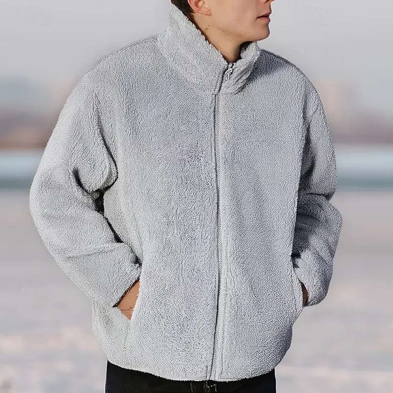 Men's Winter Jacket Fleece Jacket Teddy Coat Vacation Daily Thermal Warm Pocket Fleece Winter Plain Fashion Streetwear Stand Collar Regular Black Blue Dark Blue Gray Jacket