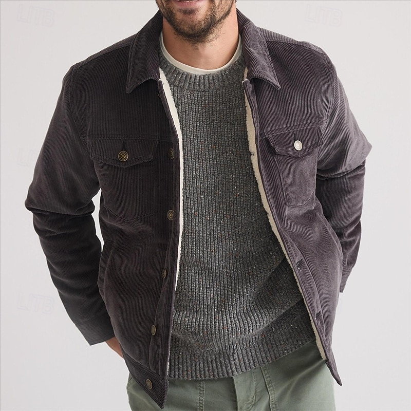 Men's Winter Jacket Corduroy Jacket Fleece Jacket Cargo Jacket Vacation Daily Thermal Warm Pocket Fleece Fall Winter Plain Fashion Streetwear Lapel Regular Coffee Jacket