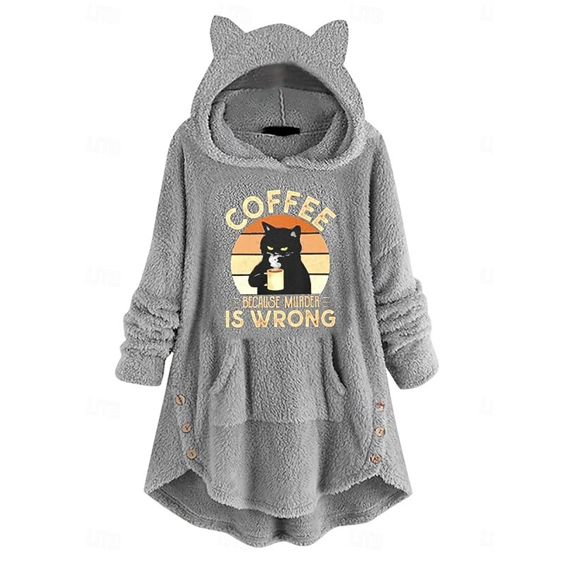 Women's Pullover Hoodie Sweatshirt Graphic Cat Letter Casual Long Sleeve Hooded Long Tops Street Dailywear Casual Maroon Light Pink Pink Wine Dark Pink Fall Winter3