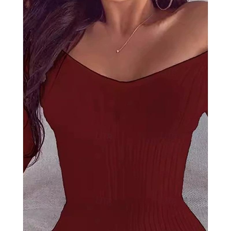 Women's Midi Dress Sweater Dress Casual Dress Elegant Fashion Modern Outdoor Daily Going out Slim Plain Long Sleeve Crew Neck White Wine Light Grey Spring Autumn4